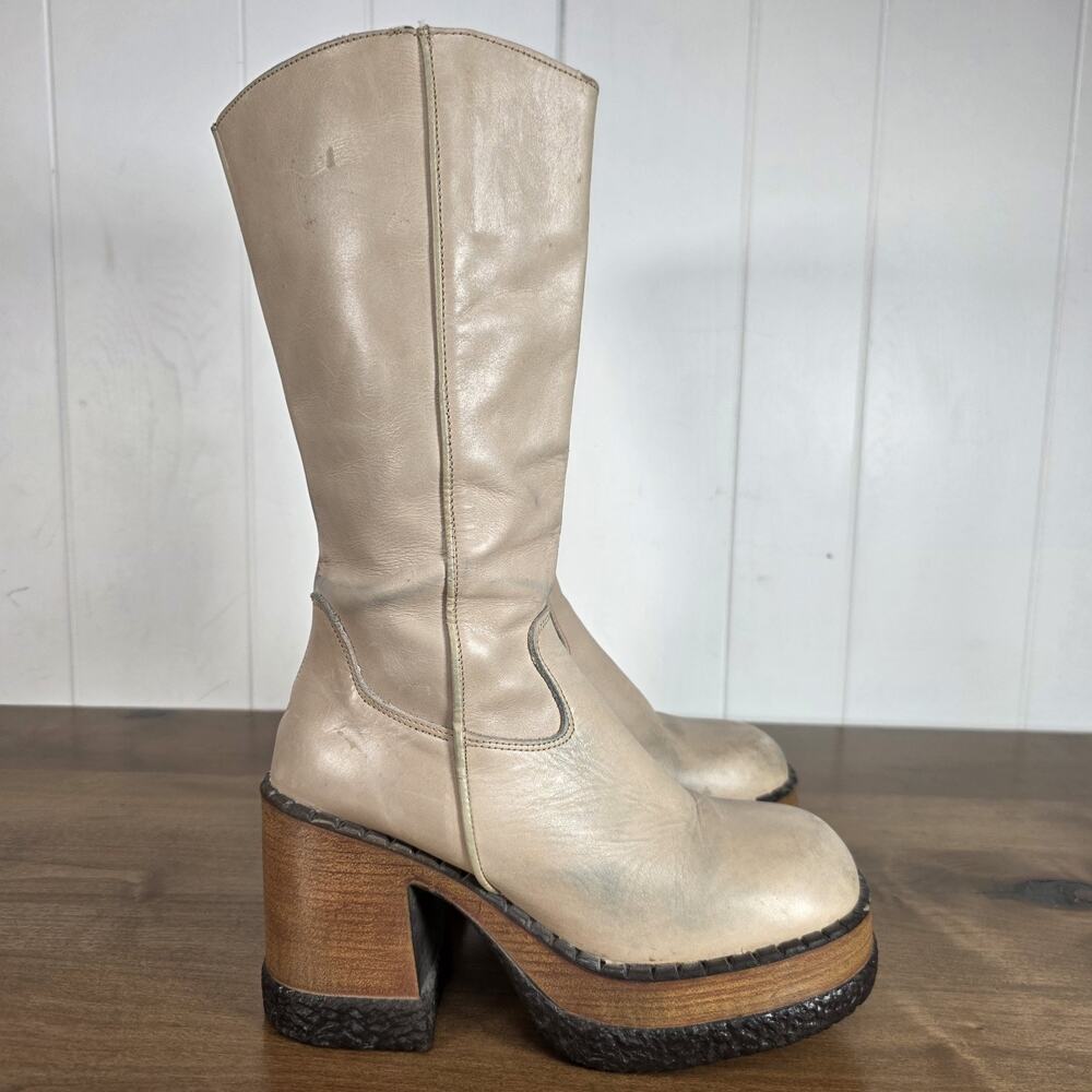 London Underground Leather Boots Cognac Womens Size 9 Platform Chunky Block Heel